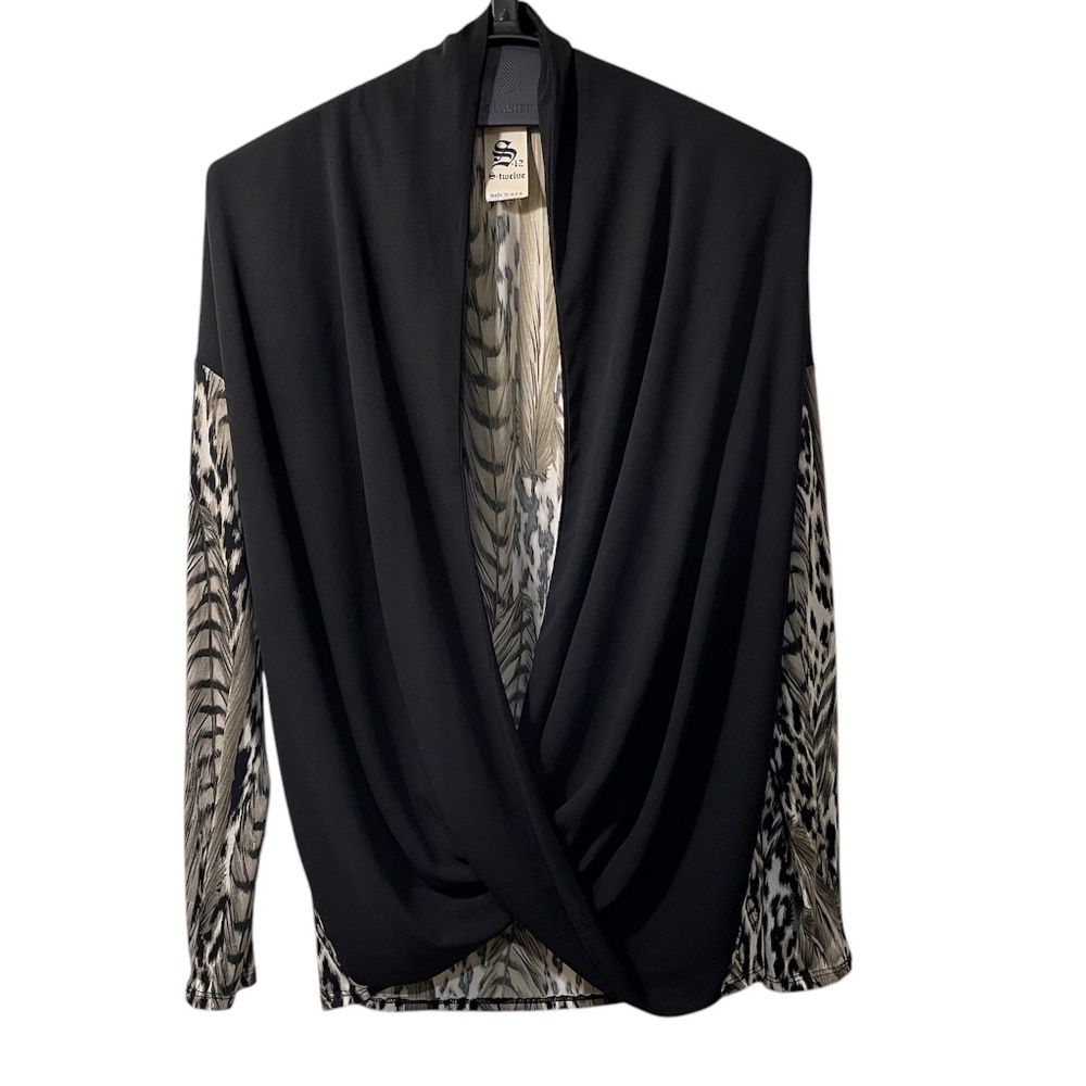S-Twelve Mixed Media Leopard Print Draped Front Top Size Medium